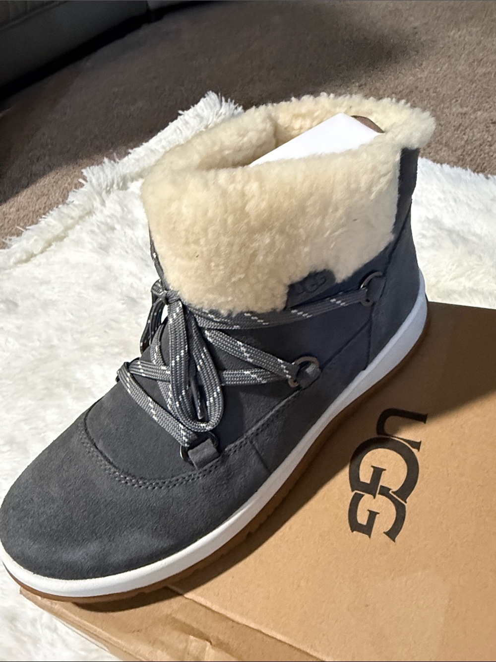 UGG Gray Suede Shearling-Lined Lace-Up Winter Boot